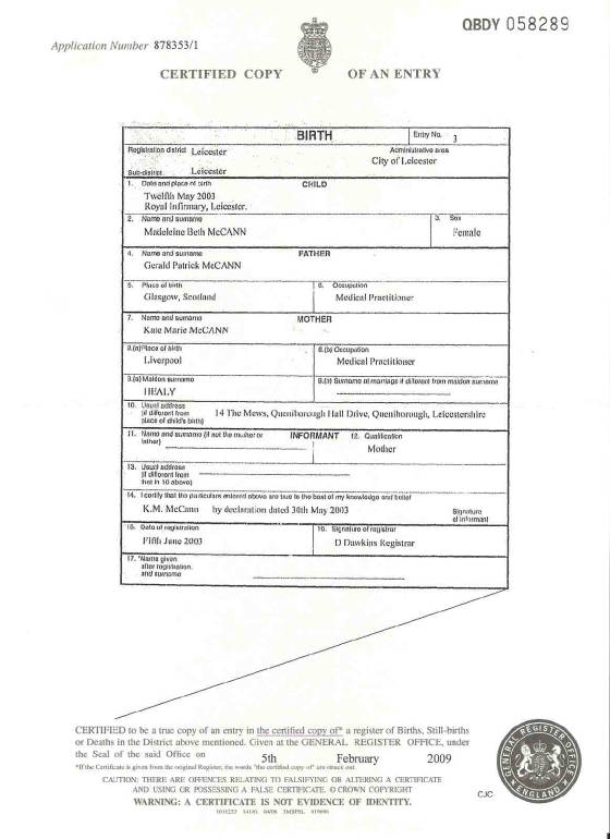 Madeleine McCann's birth certificate