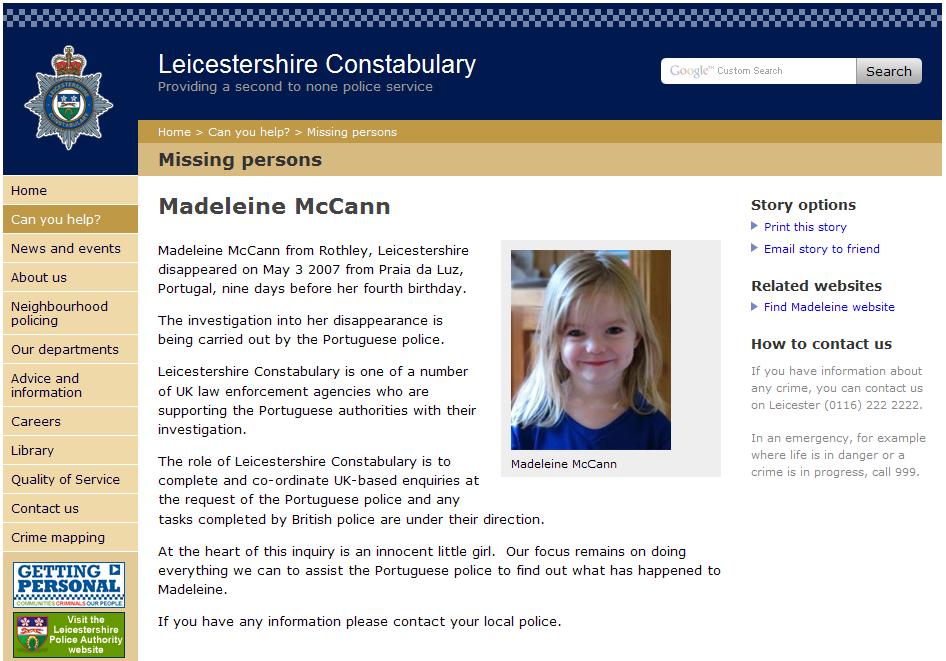 Leicestershire Constabulary Missing Persons webpage