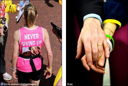 Not losing hope: Kate McCann, left, after running the London Marathon this year and right, holding hands with husband Gerry McCann as they give a TV interview earlier this month nearly six years after she vanished