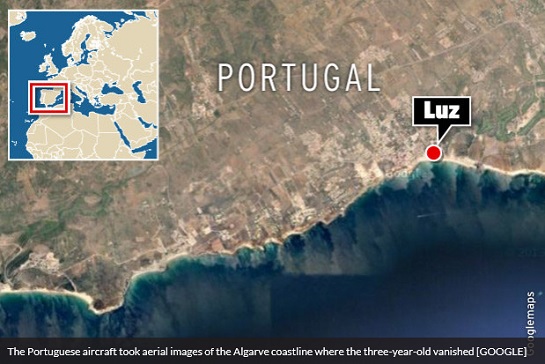 The Portuguese aircraft took aerial images of the Algarve coastline where the three-year-old vanished [GOOGLE]
