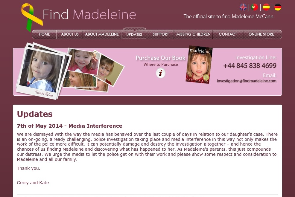 findmadeleine.com update, 07 May 2104