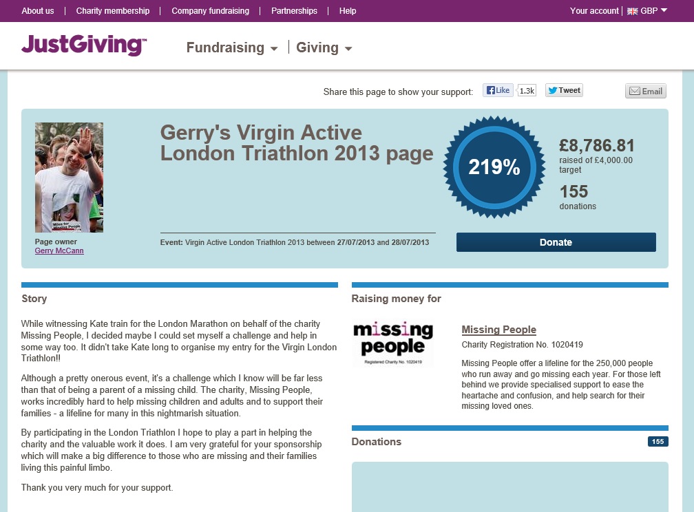 Gerry's Virgin Active London Triathlon 2013 page (screenshot taken 01 August 2013)