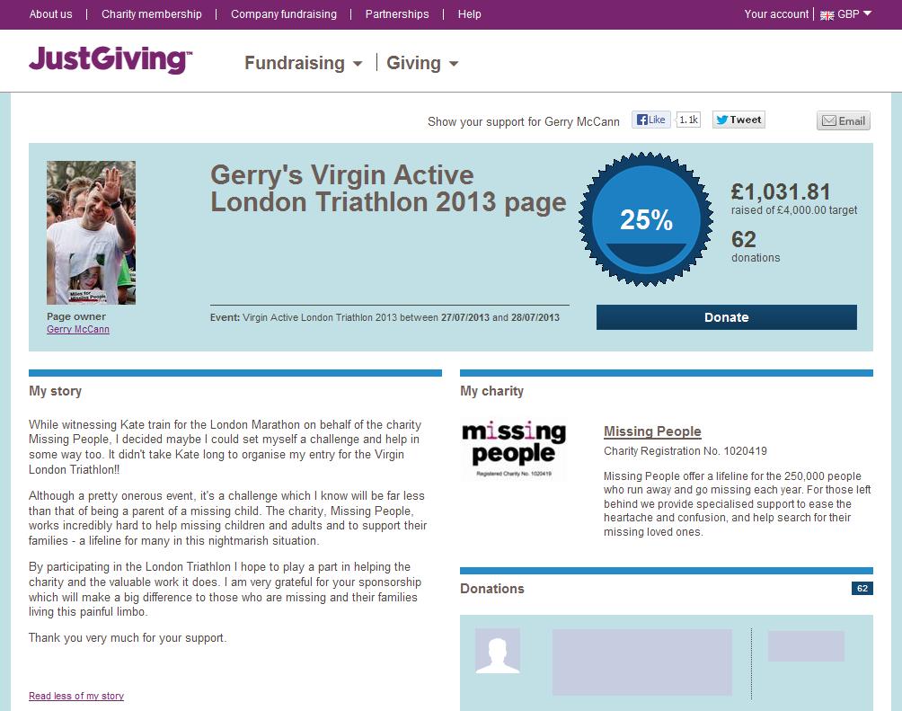 Gerry's Virgin Active London Triathlon 2013 page (screenshot taken 25 July 2013)