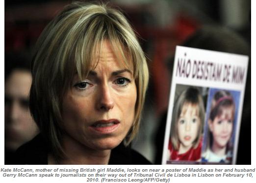 Kate McCann, mother of missing British girl Maddie, looks on near a poster of Maddie as her and husband Gerry McCann speak to journalists on their way out of Tribunal Civil de Lisboa in Lisbon on February 10, 2010.