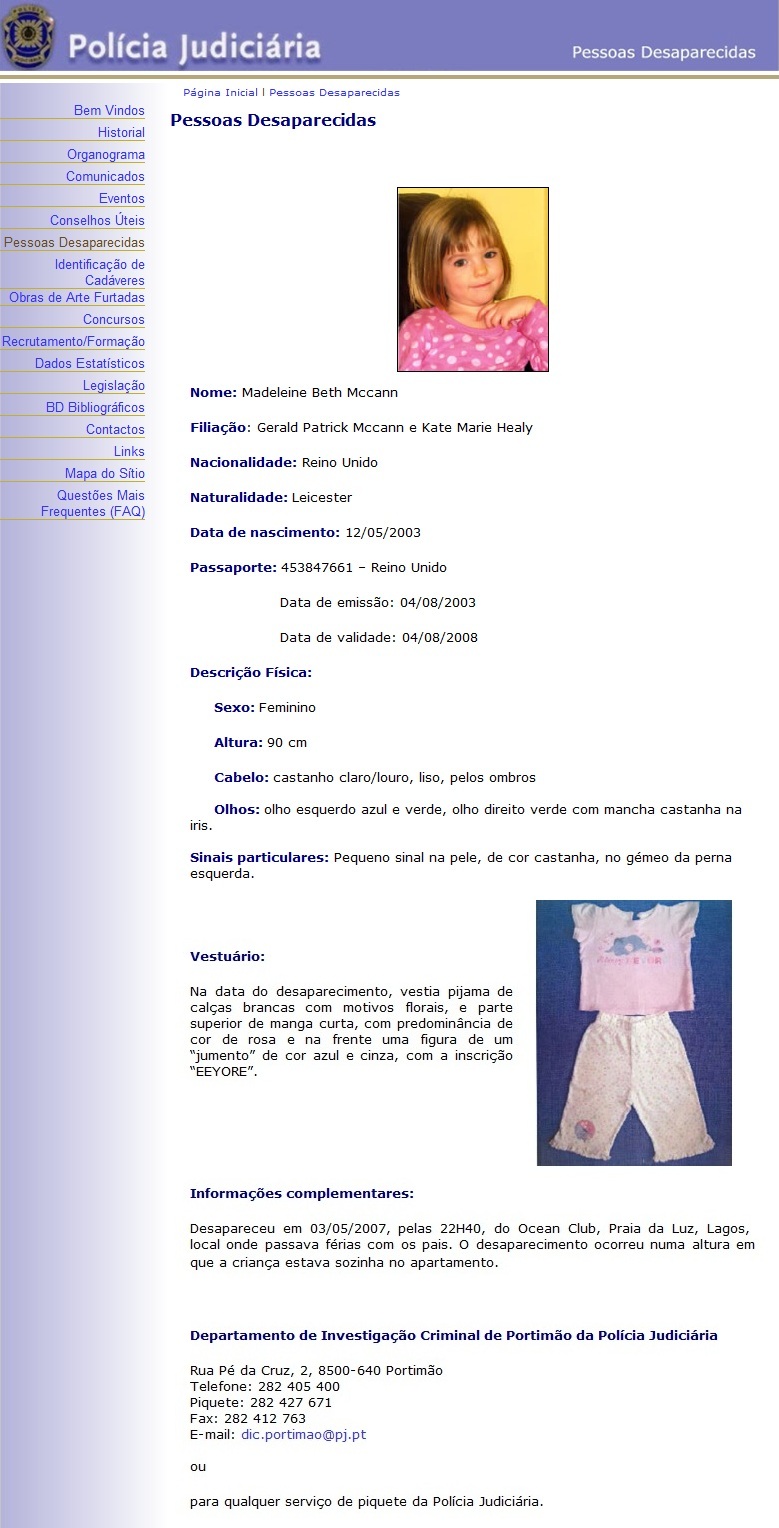 The original PJ Missing Person page for Madeleine, in Portuguese
