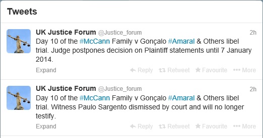 Judge postpones decision on Plaintiff statements until 7 January 2014 UK Justice Forum - Twitter