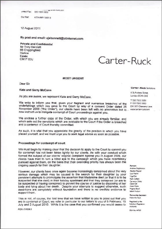 Letter from Carter-Ruck, page 1, 12 August 2011