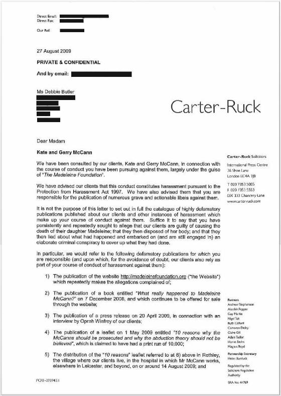Carter-Ruck letter to Debbie Butler, 27 August 2009, page 1