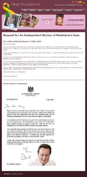 findmadeleine.com webpage detailing letter to David Cameron and his response, 13 May 2011