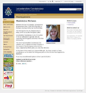 Leicestershire Constabulary, 'Missing persons': Madeleine McCann