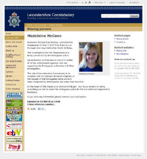 Leicestershire Constabulary, 'Missing persons': Madeleine McCann