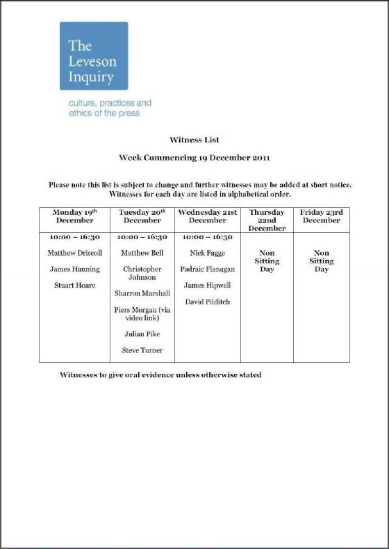 Witness List: Week Commencing 19 December 2011