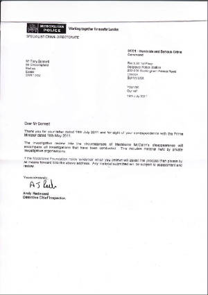 Scotland Yard reply to Madeleine Foundation, 19 July 2011