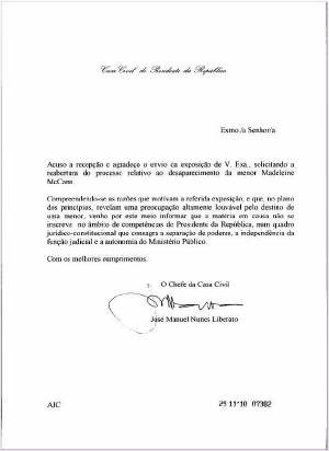 Portuguese President Cabinet reply to "A Voice for Madeleine" Petition