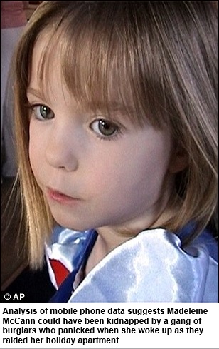 Analysis of mobile phone data suggests Madeleine McCann could have been kidnapped by a gang of burglars who panicked when she woke up as they raided her holiday apartment