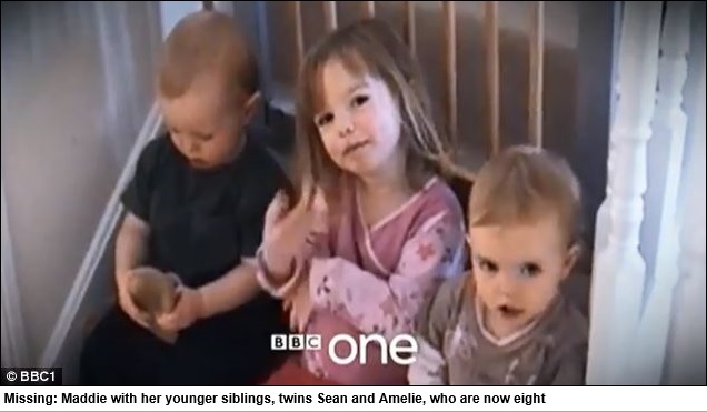 Missing: Maddie with her younger siblings, twins Sean and Amelie, who are now eight