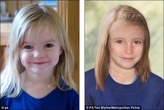 Madeleine McCann as she looked when she went missing, left, and how she would look now, right