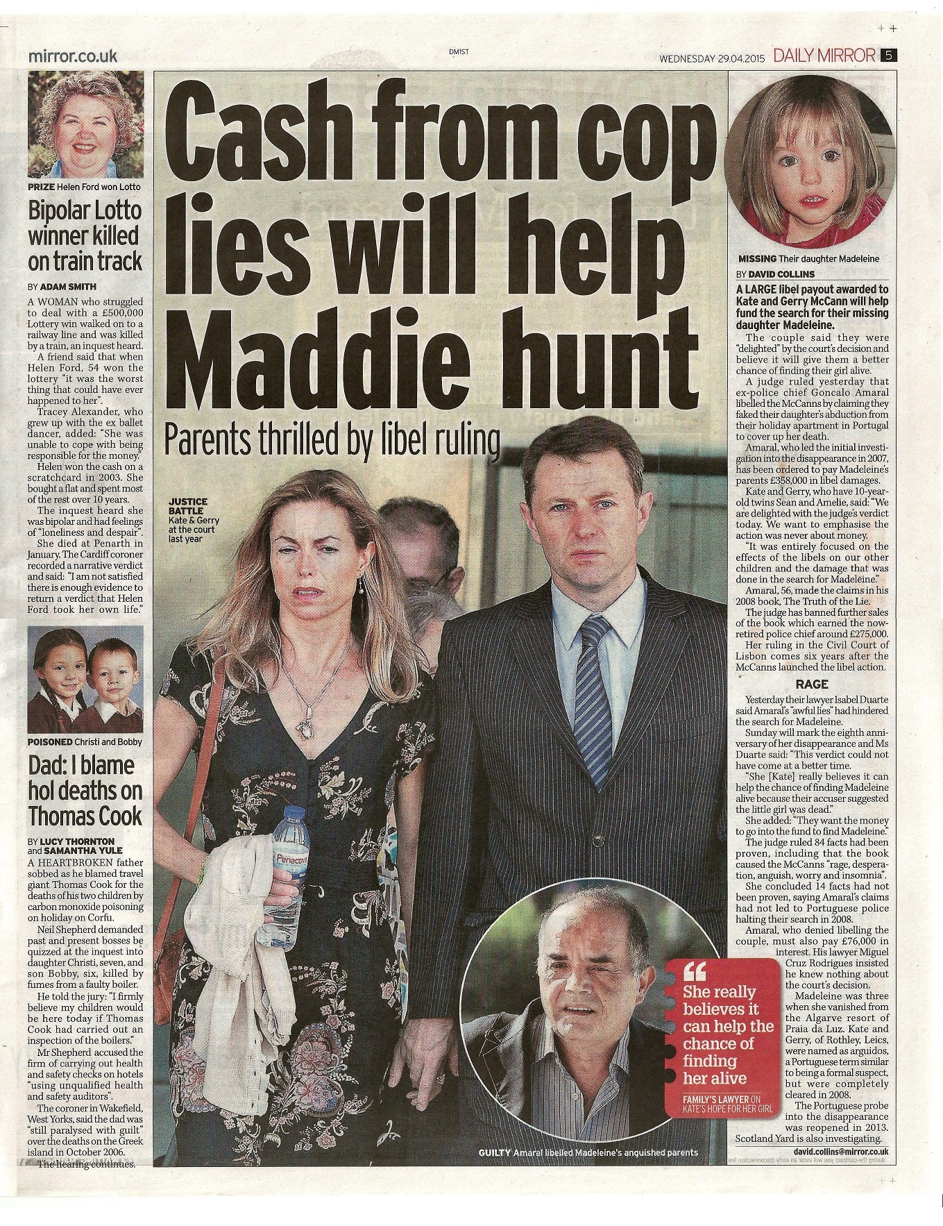 Cash from cop lies will help Maddie hunt Daily Mirror (paper edition, page 5)