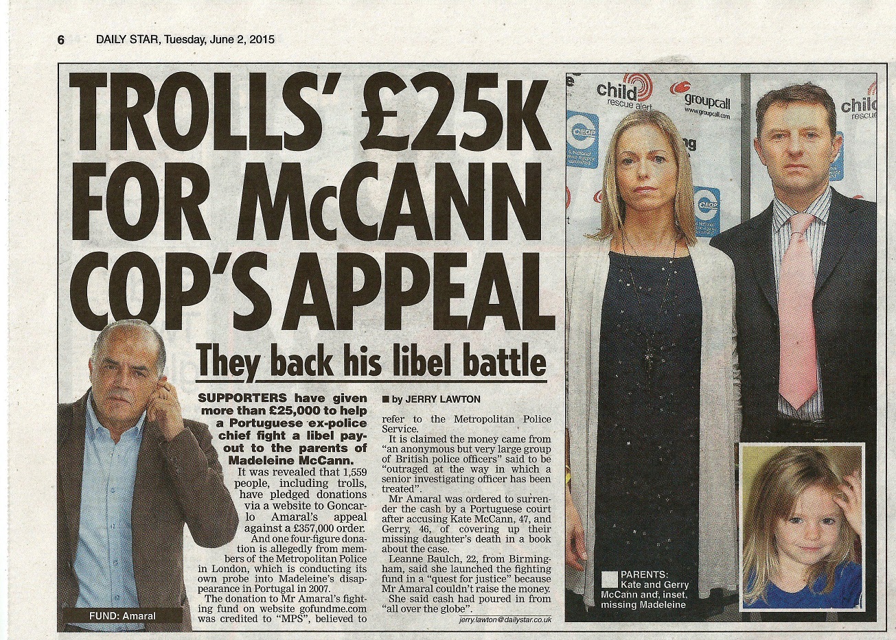 Trolls £25k for McCann cop's appeal - Daily Star (paper edition, page 6)
