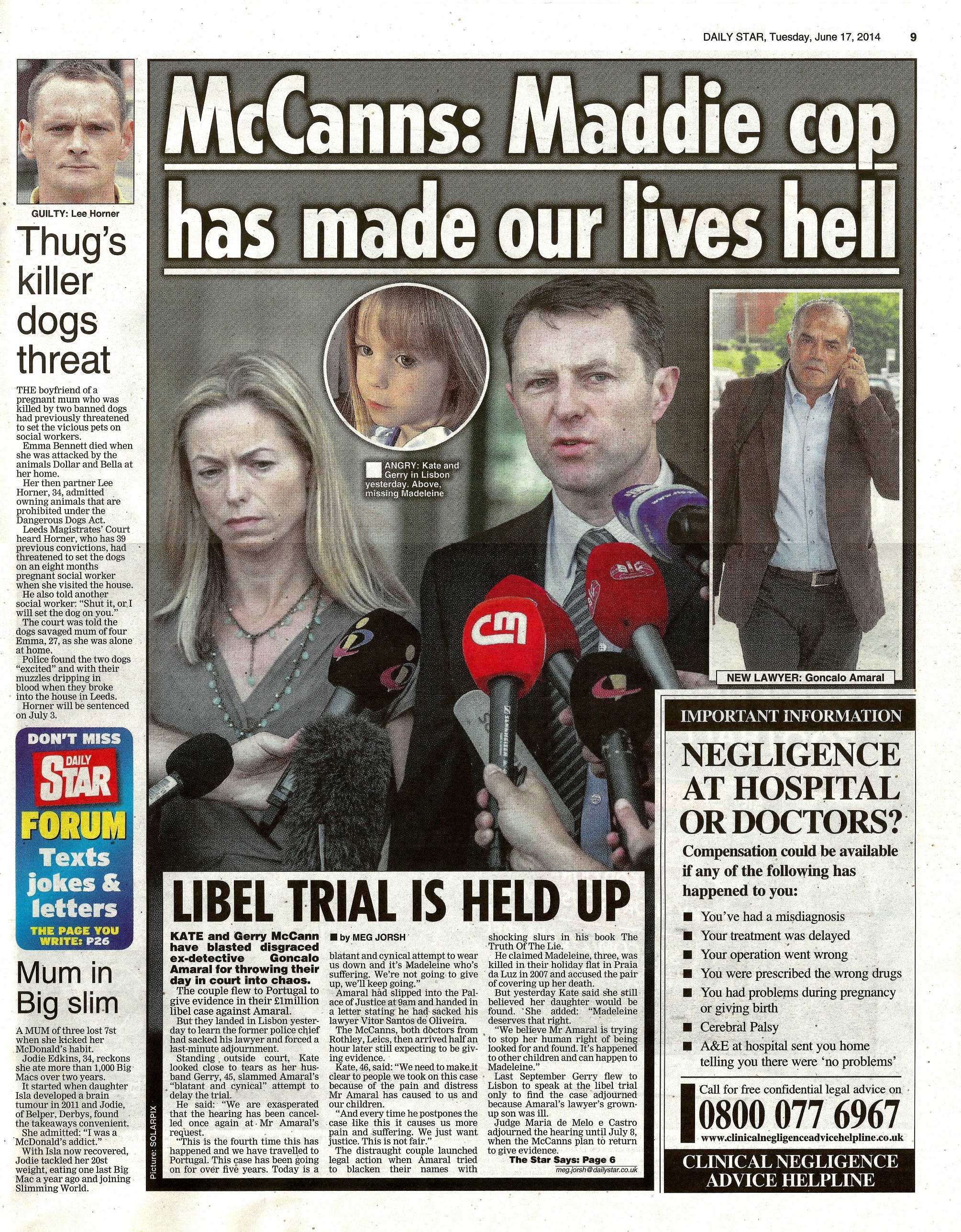 McCanns: Maddie cop has made our lives hell - Daily Star, 17 June 2014 (paper edition, page 9)