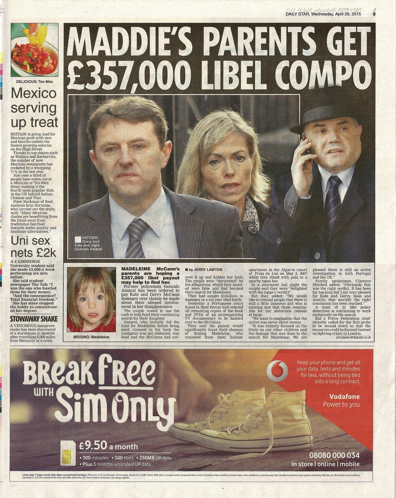 Maddie's parents get £357,000 libel compo Daily Star (paper edition, page 9)
