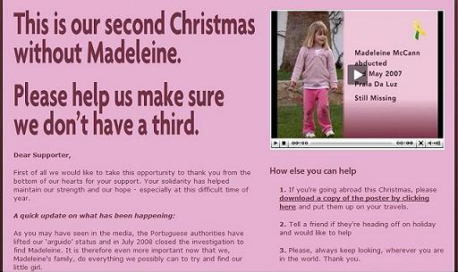 Find Madeleine temporary Xmas homepage
