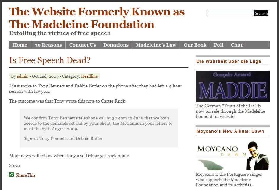 Screenshot of The Madeleine Foundation website, 02 October 2009