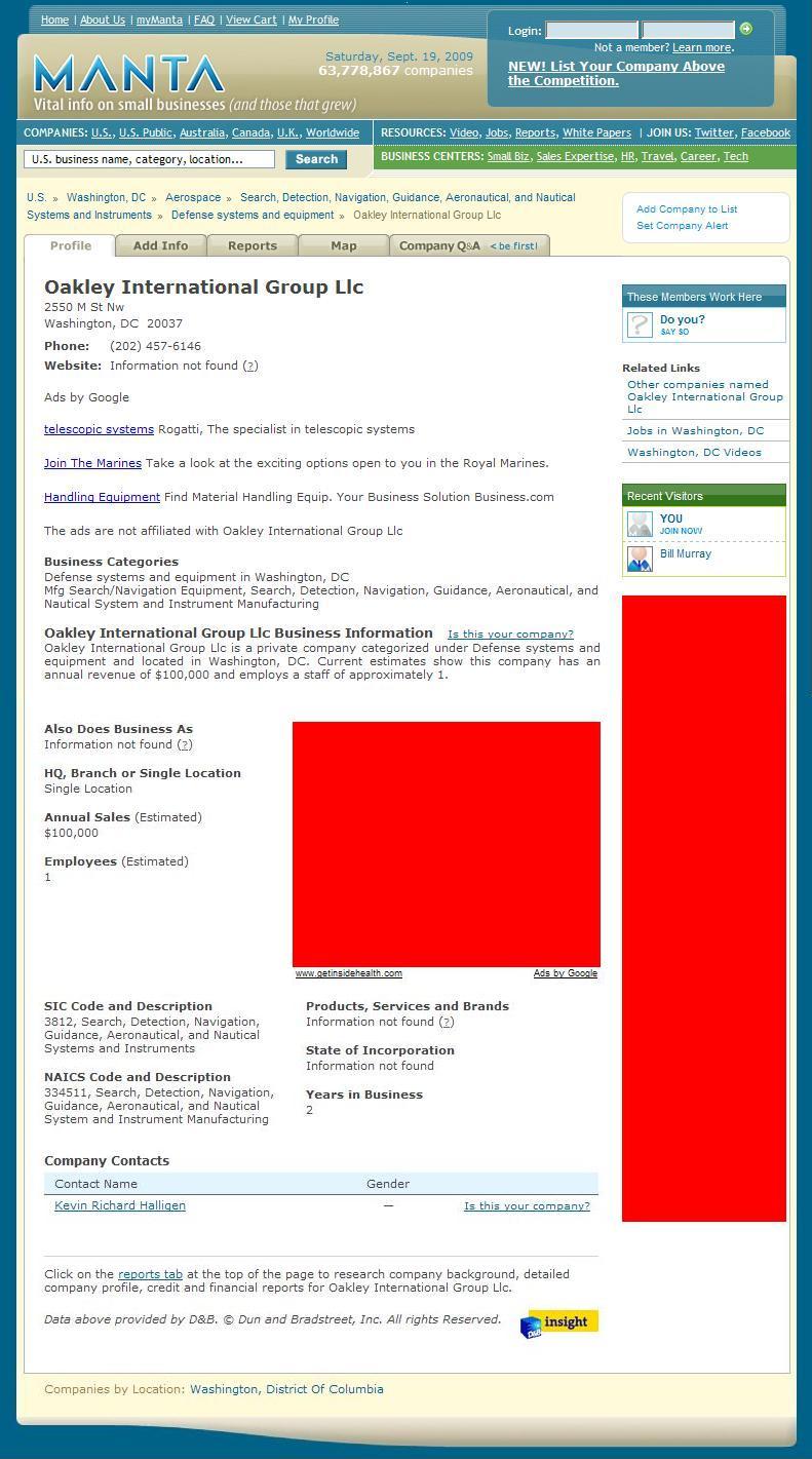 Oakley International Group, screenshot taken 19 September 2009. Click to enlarge