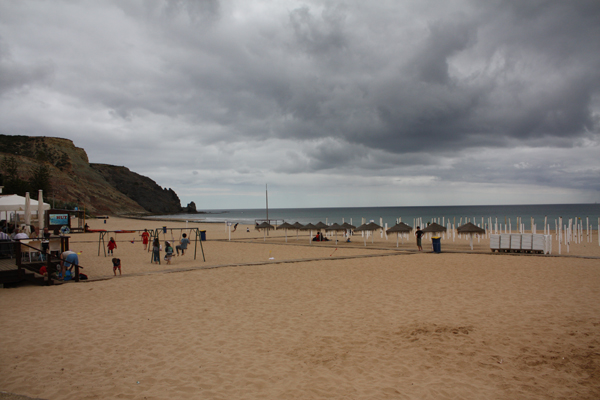 Praia da Luz beach, with the Paraiso on the left and sun loungers on the right