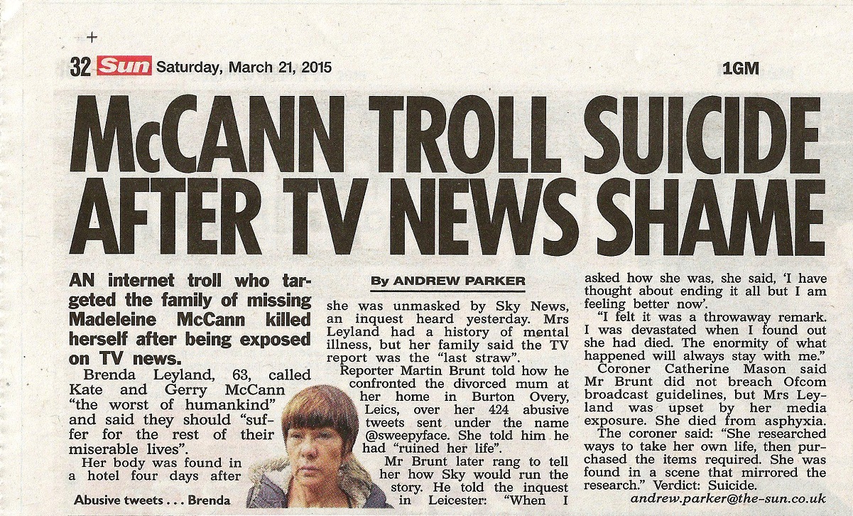 McCann troll suicide after TV news shame - The Sun (paper edition)