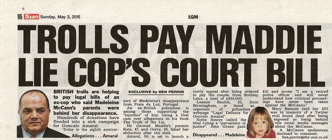 Trolls pay Maddie lie cop's court bill - The Sun (paper edition, page16)