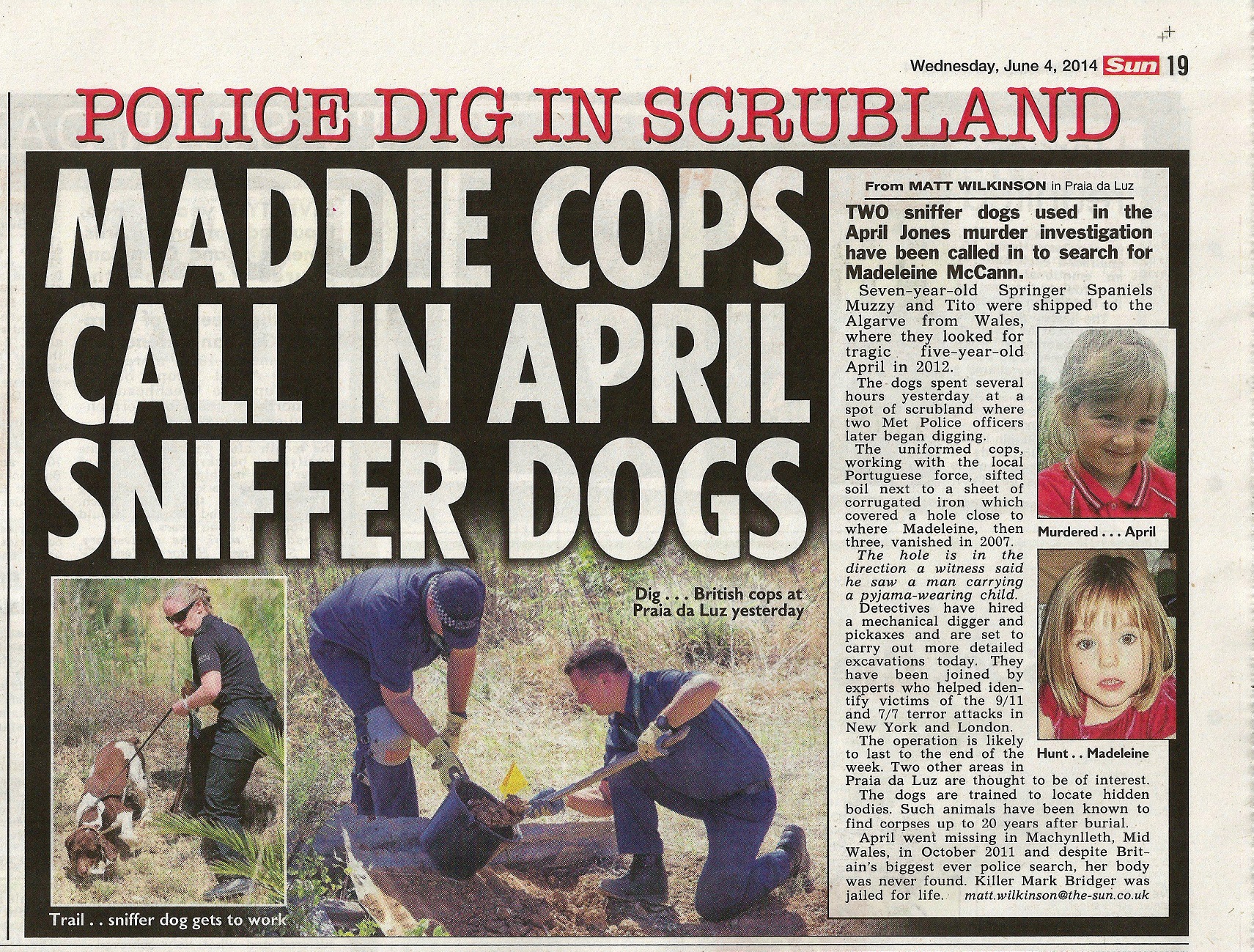Maddie cops call in April sniffer dogs - The Sun, 04 June 2014 (paper edition, page 19)