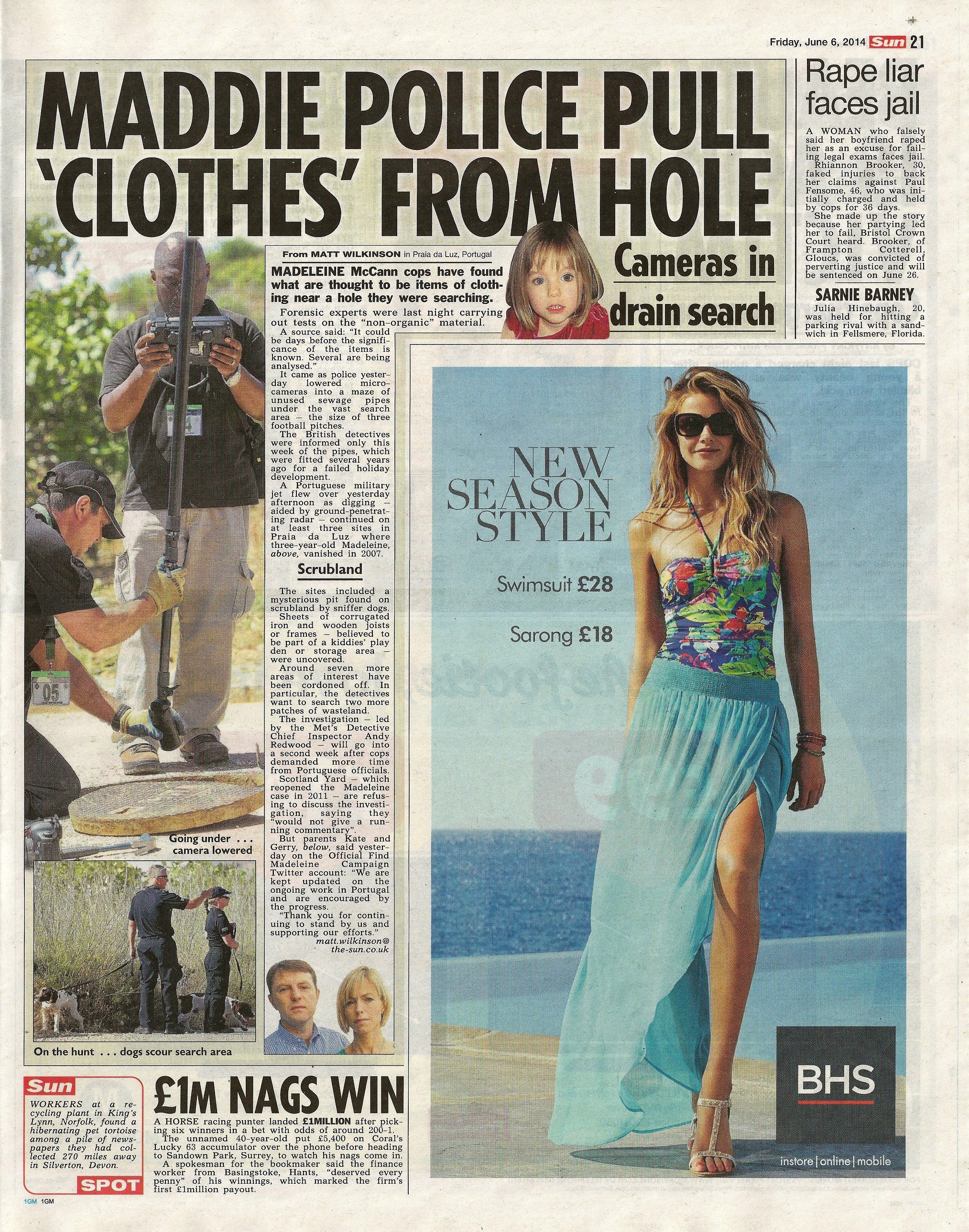 Maddie police pull 'clothes' from hole - The Sun, 06 June 2014 (paper edition, page 21)