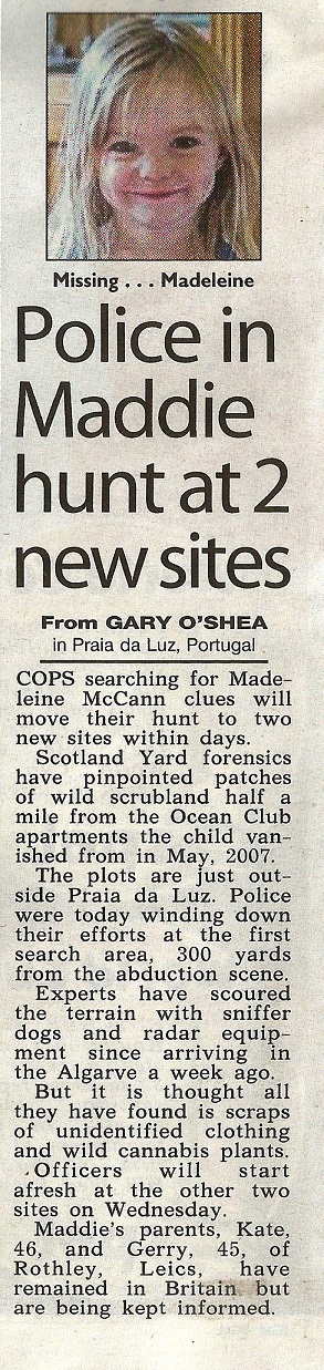 Police in Maddie hunt at 2 new sites - The Sun, 08 June 2014 (paper edition, page 8)