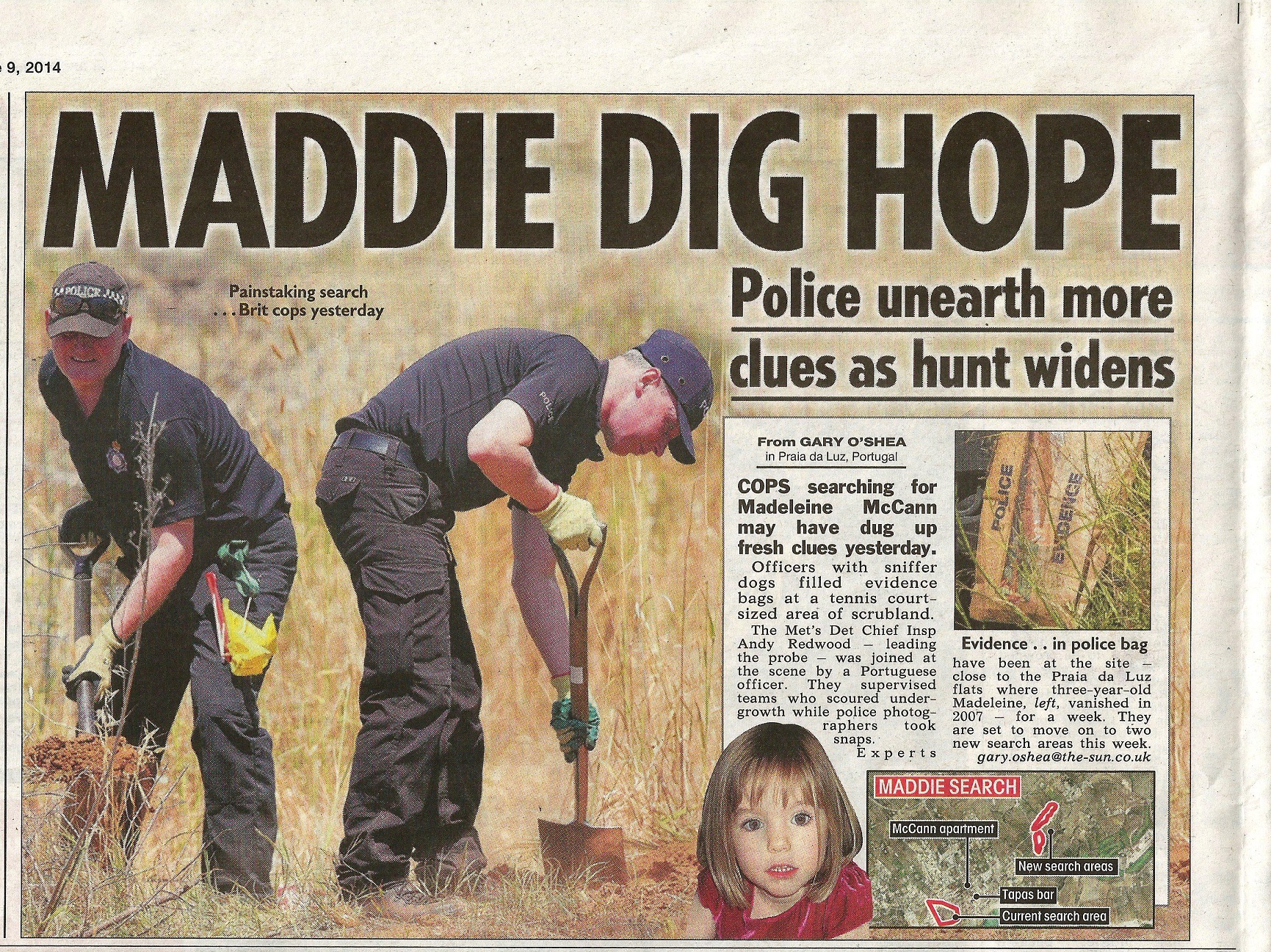 Maddie dig hope - The Sun, 09 June 2014 (paper edition, page 26)