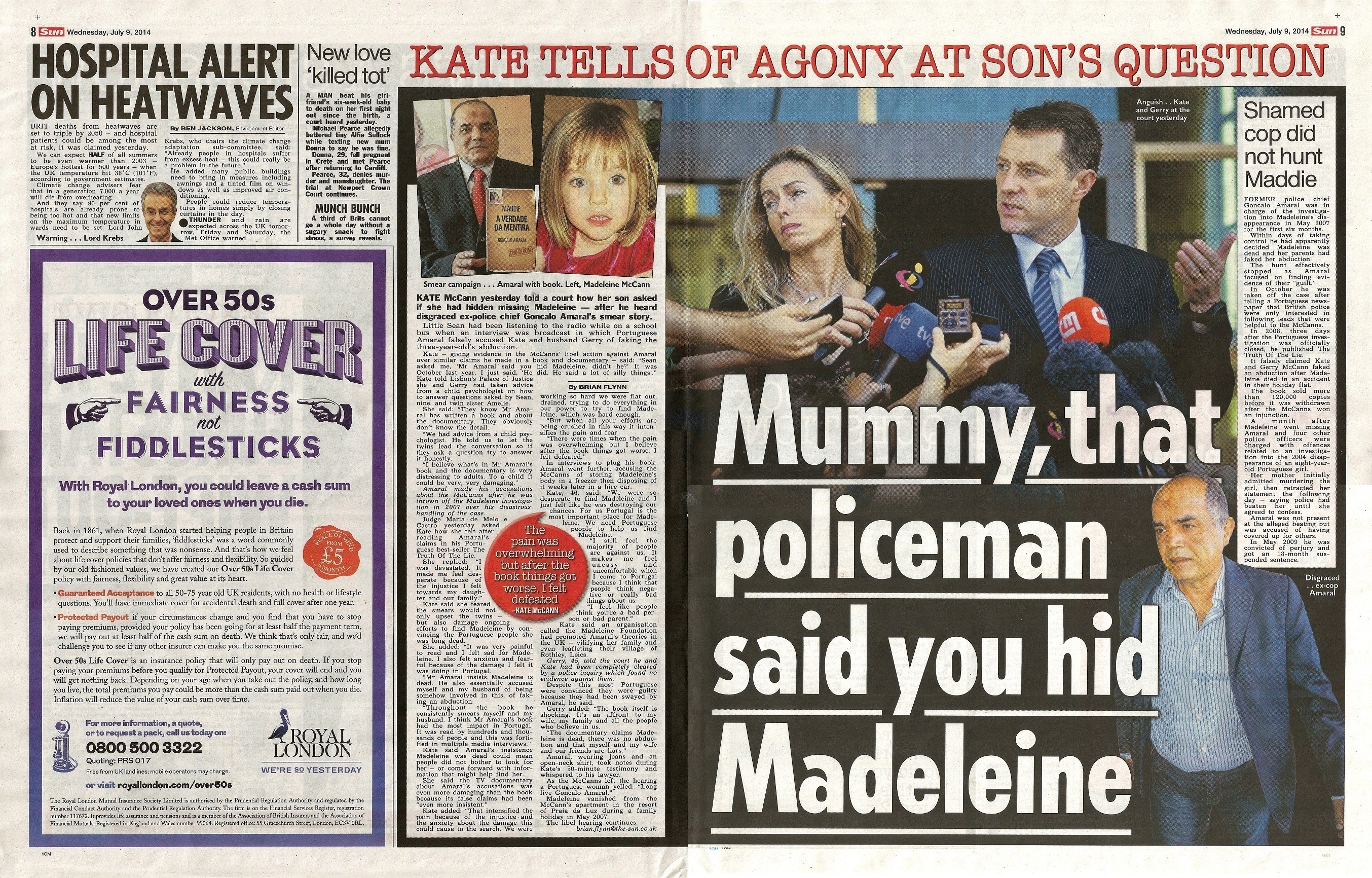 Mummy, that policeman said you hid Madeleine - The Sun, 09 July 2014 (paper edition, pages 8 and 9)