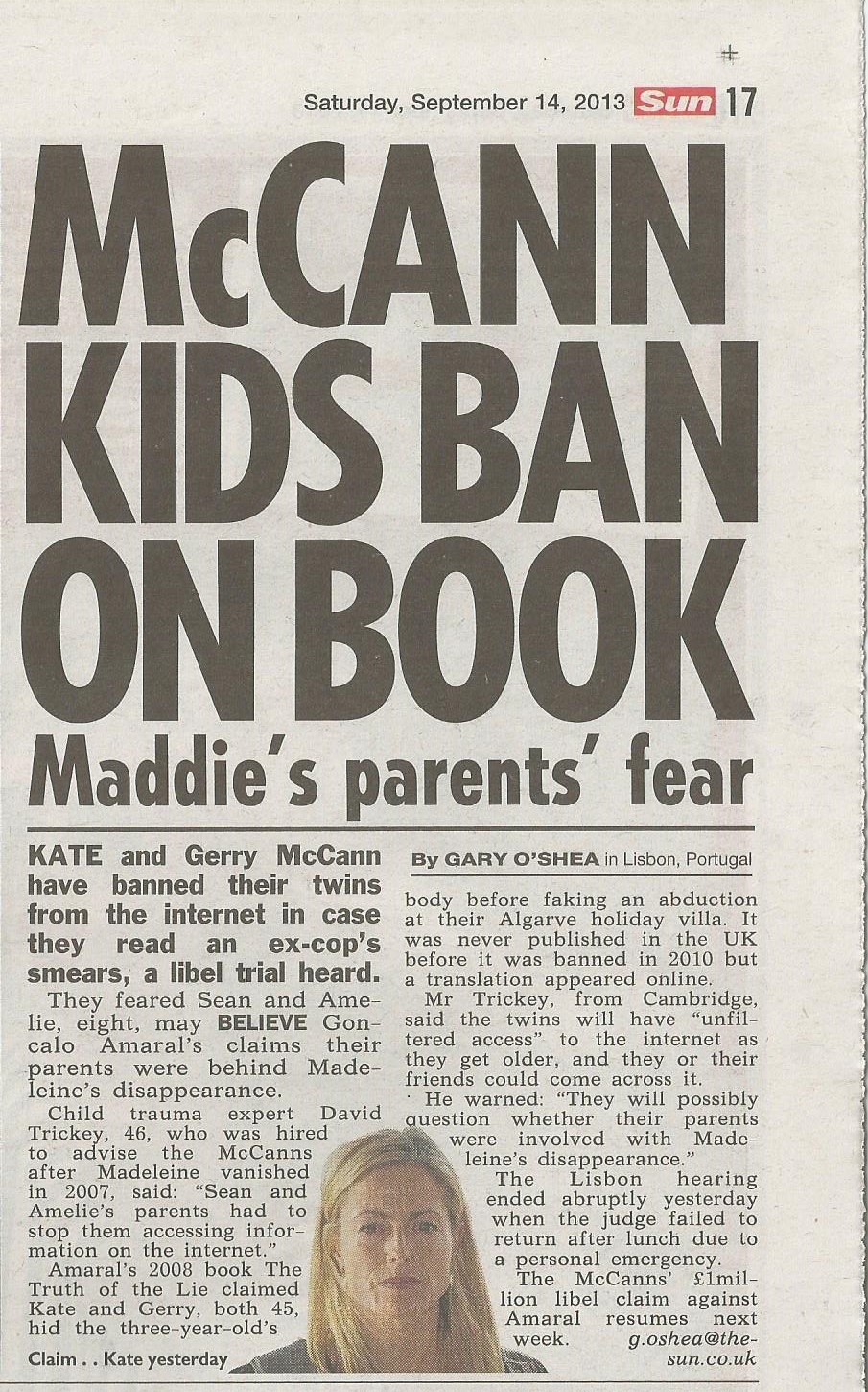 'McCann kids ban on book' - The Sun, paper edition, 14 September 2013