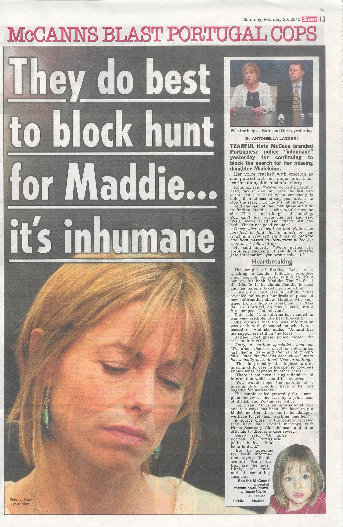 The Sun, 20 February 2010: 'They do best to block hunt for Maddie... it's inhumane'