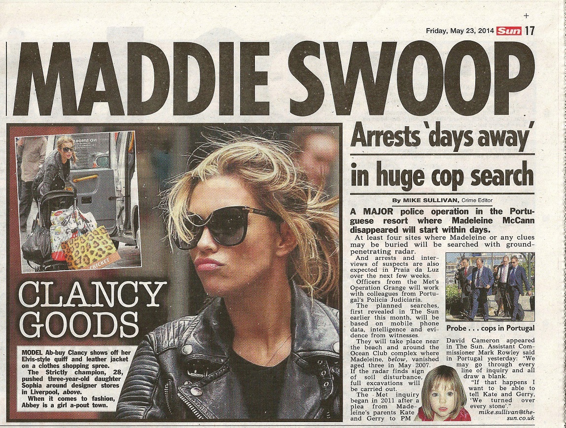 Maddie swoop - The Sun, 23 May 2014 (paper edition, page 17)