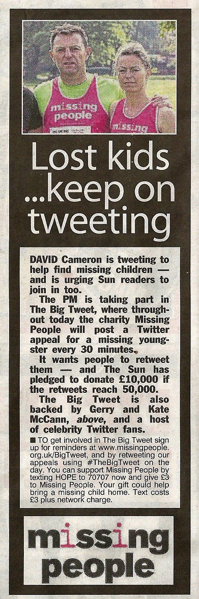 Lost kids...keep on tweeting - The Sun, 25 May 2014 (paper edition, page 2)