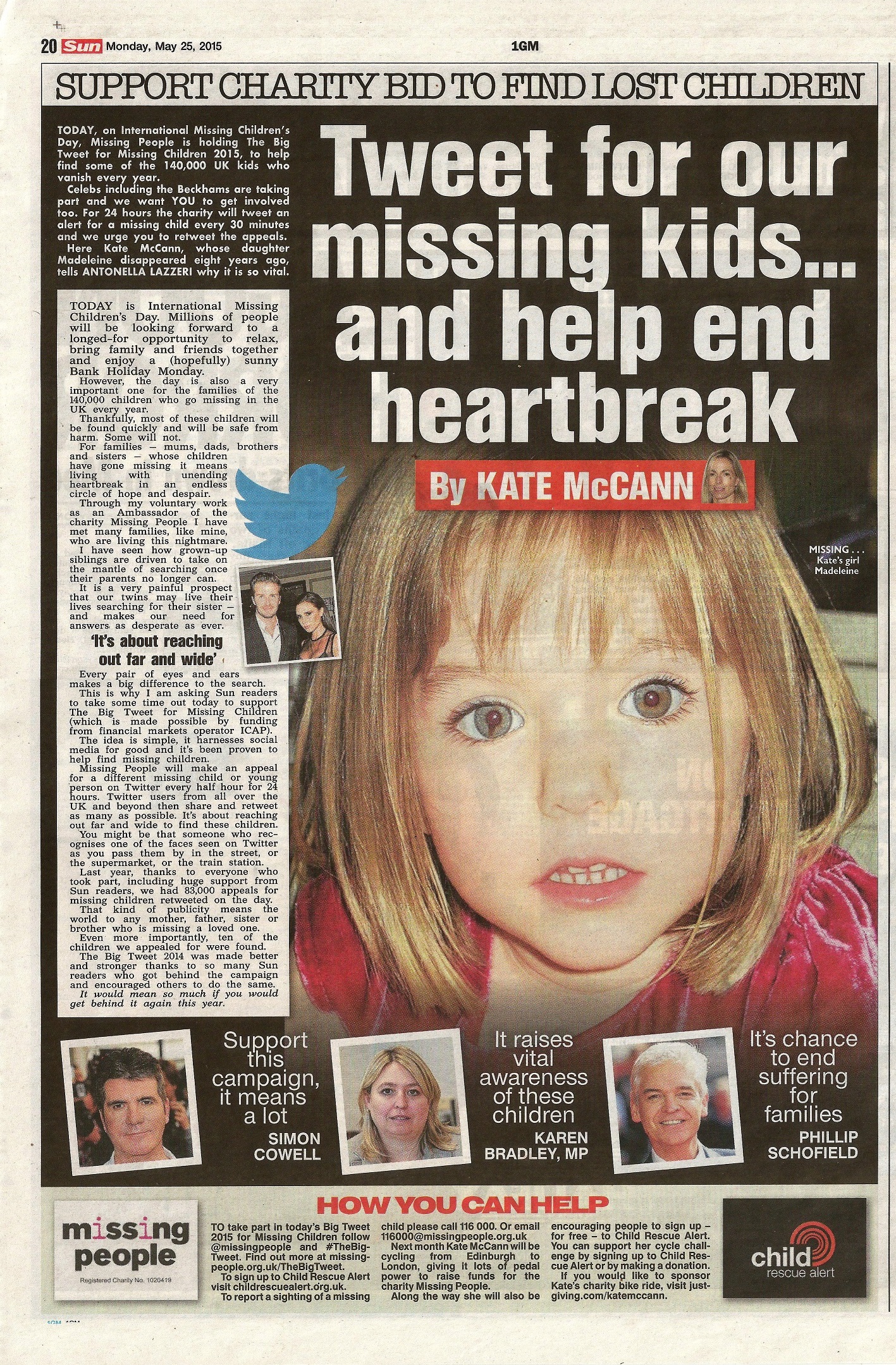 Tweet for our missing kids ... and help end heartbreak - The Sun (paper edition, page 20)