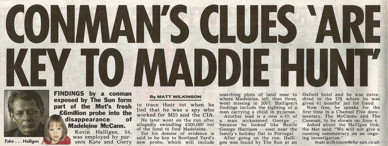 Conman's clues 'are key to Maddie hunt' - The Sun, 27 May 2014 (paper edition, page 8)