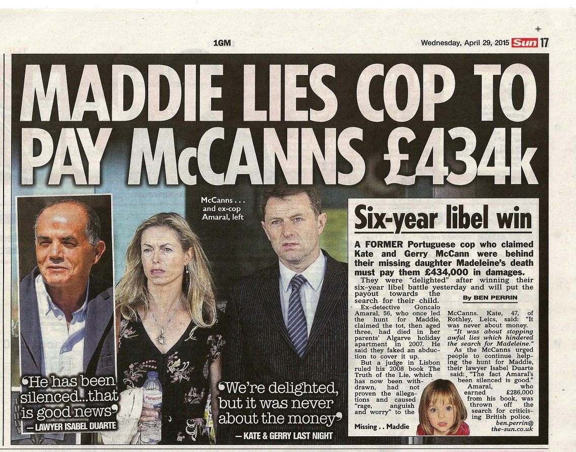 Maddie lies cop to pay McCanns £434k The Sun (paper edition, page 17) 