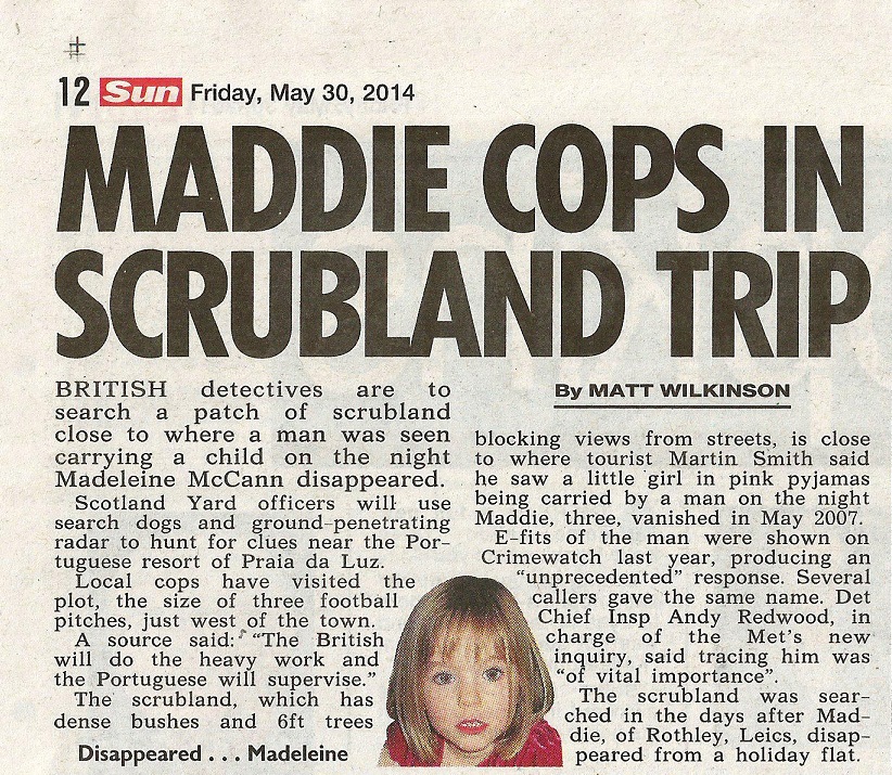 Maddie cops in scrubland trip - The Sun, 30 May 2014 (paper edition, page 12)