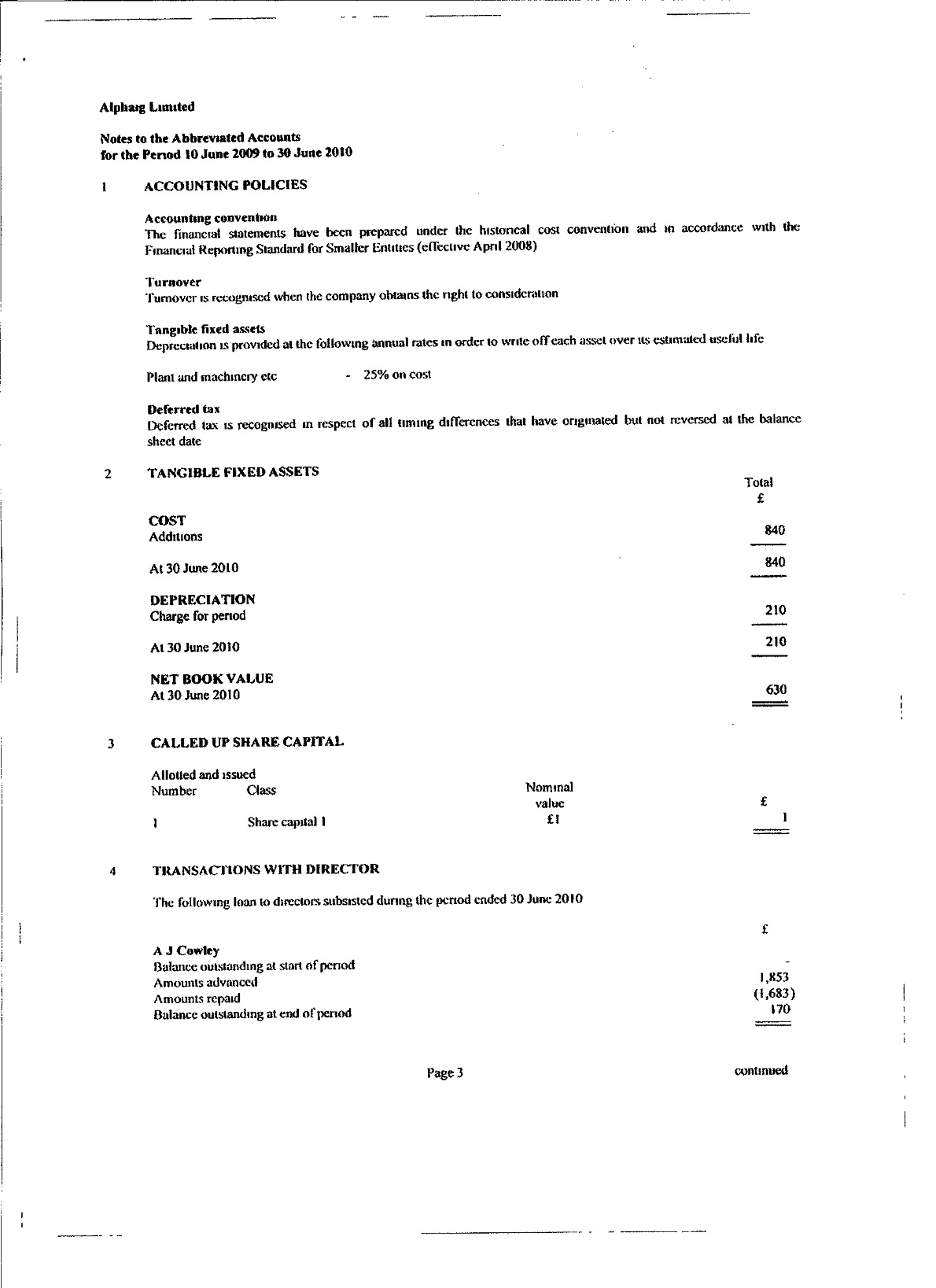 Alphaig Limited Accounts, page 3
