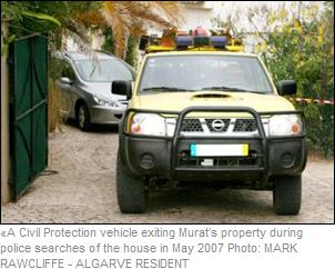 A Civil Protection vehicle exiting Murat's property during police searches of the house in May 2007 Photo: MARK RAWCLIFFE - ALGARVE RESIDENT