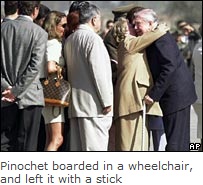 Pinochet boarded in a wheelchair, and left it with a stick 
