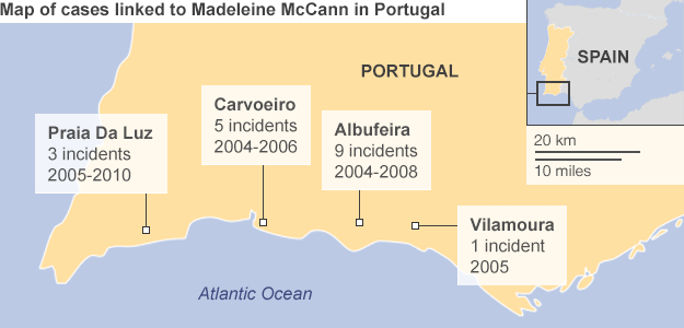 Map of cases linked to Madeleine McCann in Portugal