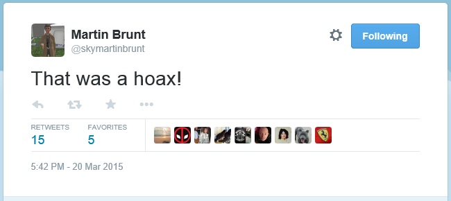 Martin Brunt tweet, 20 March 2015