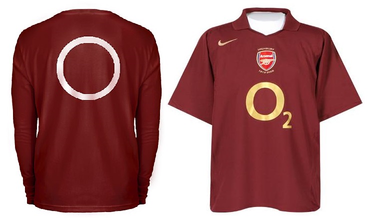 The burgundy long-sleeved top and Arsenal football club's strip from the 2005/06 season